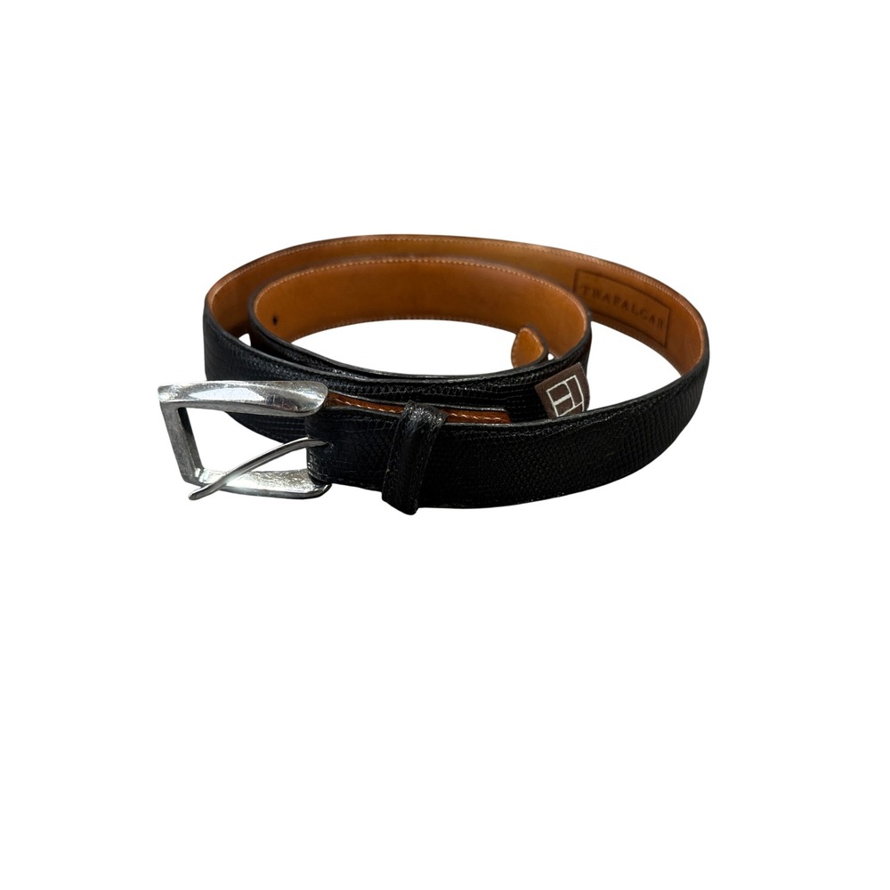 Trafalgar Belt Mens 36 Black Java Lizard Exotic Leather Silver Buckle Handcraft